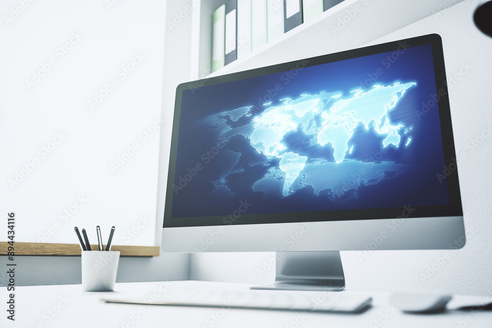 Abstract graphic world map on modern laptop screen, connection and communication concept. 3D Rendering Abstract graphic world map on modern laptop screen, connection and communication concept. 3D Rendering