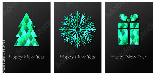 set new year poster design. image of a gift box, Christmas tree and snowflakes made of geometric shapes on a black background. Perfect for printing flyers, postcards, banners. EPS 10.