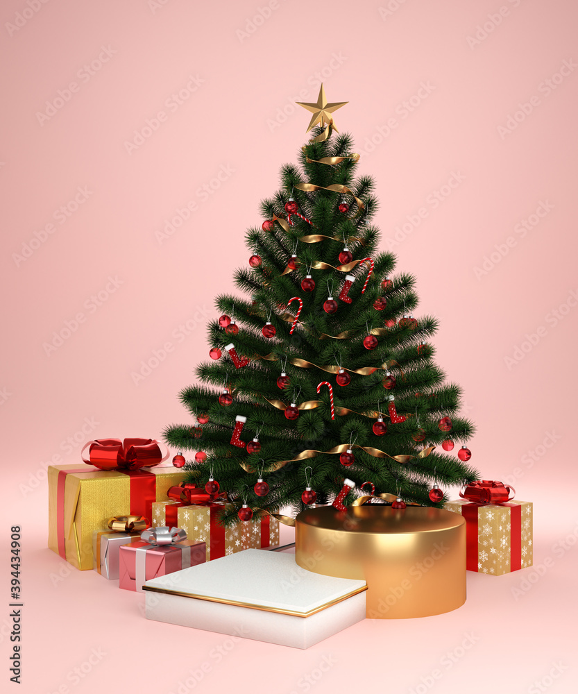 Christmas concept interior room , Christmas tree , gift box in pink pastel room interior with podium showcase display for product mockup pink background