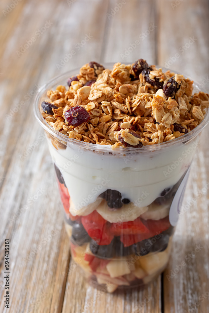 A view of a cup of yogurt parfait. A view of a cup of yogurt parfait.