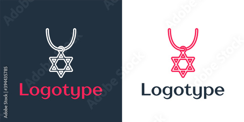 Logotype line Star of David necklace on chain icon isolated on white background. Jewish religion symbol. Symbol of Israel. Jewellery and accessory. Logo design template element. Vector.