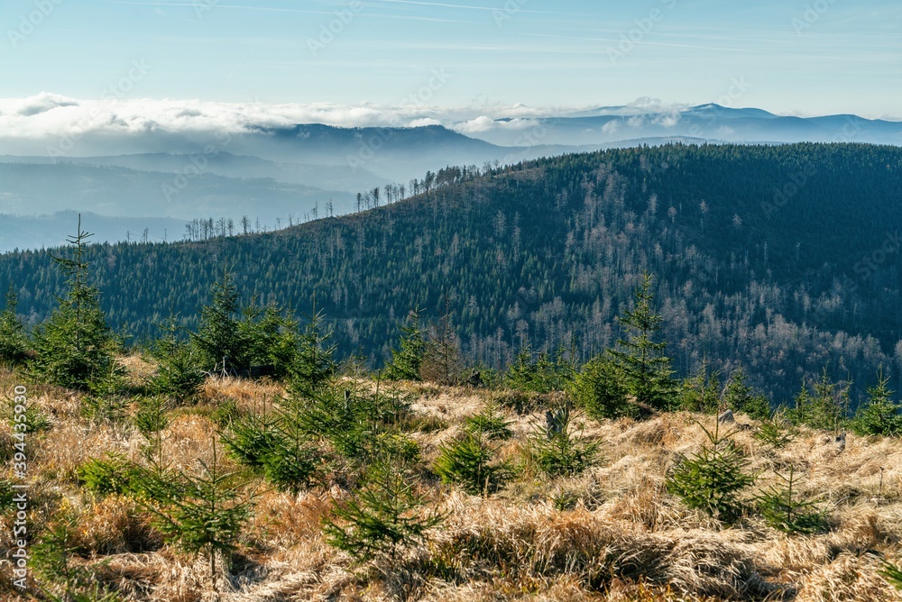 Fototapeta premium Polish mountains in Silesia Beskid in Szczyrk. Skrzyczne hill inPoland in autumn, fall season aerial drone photo