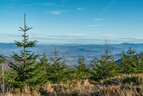 Polish mountains in Silesia Beskid in Szczyrk. Skrzyczne hill inPoland in autumn  fall season aerial drone photo