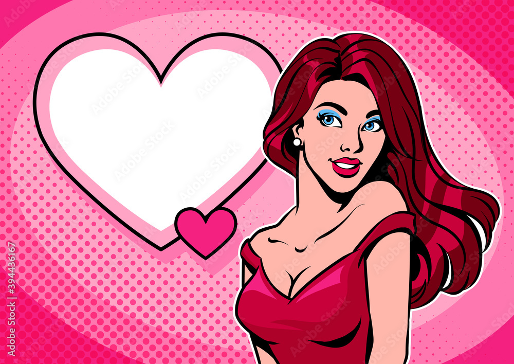 Woman in dress and empty heart shaped speech bubble. Valentine's Day concept. Pop art vector illustration. Woman in dress and empty heart shaped speech bubble. Valentine's Day concept. Pop art vector illustration.
