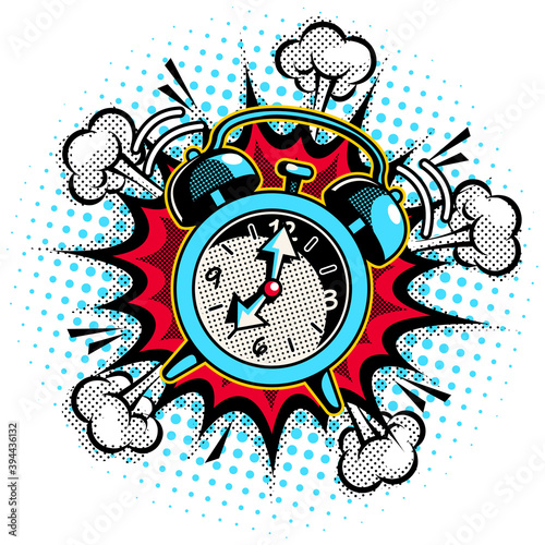 Alarm clock ringing in pop art style. Isolated on a white background. Vector comic illustration.