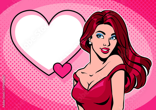 Woman in dress and empty heart shaped speech bubble.  Valentine s Day concept. Pop art vector illustration.