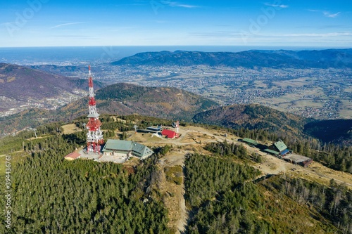 Fototapeta Naklejka Na Ścianę i Meble -  Polish mountains in Silesia Beskid in Szczyrk. Skrzyczne hill inPoland in autumn, fall season aerial drone photo