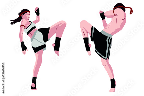 Two people doing Muay Thai moves in a sparing match Thailand martial arts Muay Thai tournament stance high kick