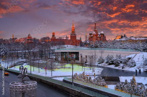 Sunrise view of Moscow Kremlin, embankment of Moscow River in Moscow, Russia. Architecture and landmark of Moscow