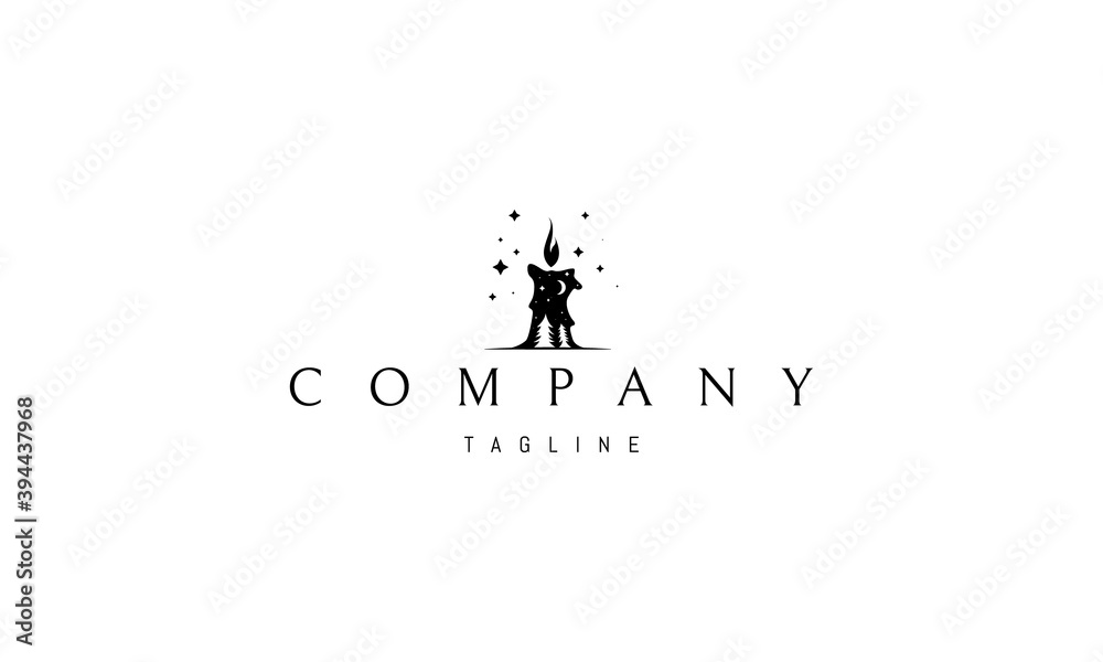 Vector logo with an abstract image of a burning candle inside which is a silhouette of a night pine forest.