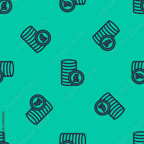 Blue line Coin money with pound sterling symbol icon isolated seamless pattern on green background. Banking currency sign. Cash symbol. Vector.