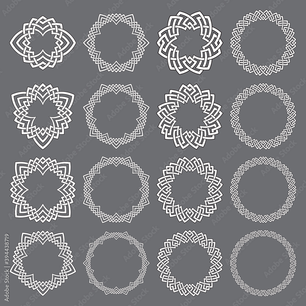 Set of round frames. Sixteen decorative elements for logo design with stripes braiding borders. White lines with black strokes on gray background.