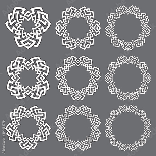 Set of round frames. Nine decorative elements for logo design with stripes braiding borders. White lines with black strokes on gray background.