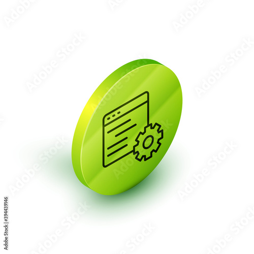 Isometric line Computer api interface icon isolated on white background. Application programming interface API technology. Software integration. Green circle button. Vector.