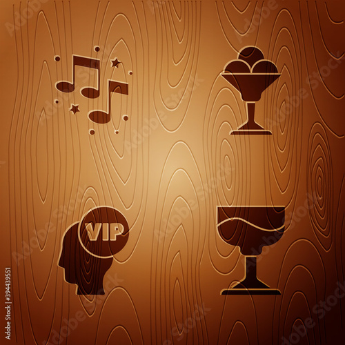 Set Cocktail, Music note, tone, Vip inside head and Ice cream bowl on wooden background. Vector.