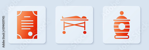 Set Dead body in the morgue, Death certificate and Funeral urn. White square button. Vector.