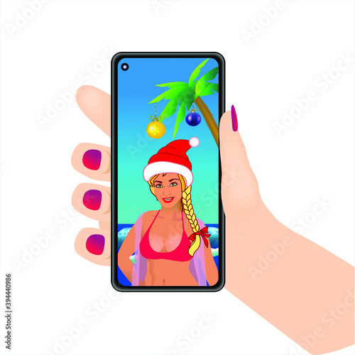 Female hand holding smartphone with girlfriend on screen. Sexy snow maiden in red swimsuit on screen. Beautiful girl wearing santa claus hat on sea  background. Vector flat cartoon illustration