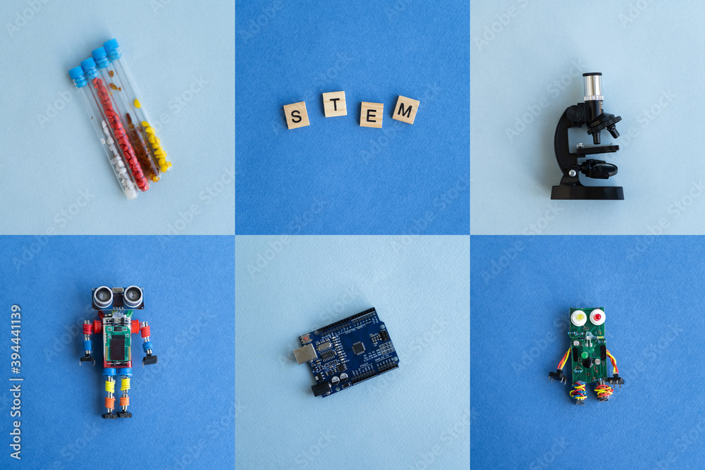 Collage. A metal robot and an electronic board that can be programmed ...