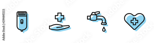 Set line Water tap, Electrical hair clipper or shaver, Cross hospital medical and Heart with cross icon. Vector.