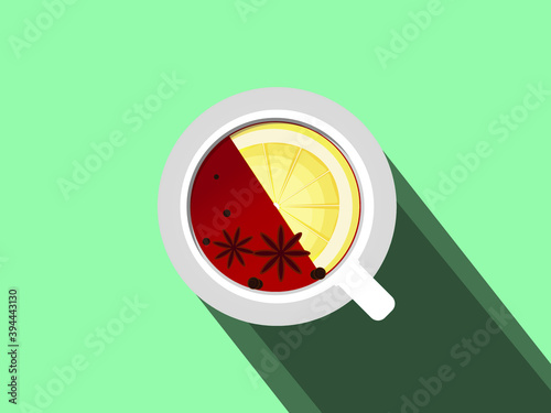 Abstract mug with mulled wine on a saucer under the sun with shadows
