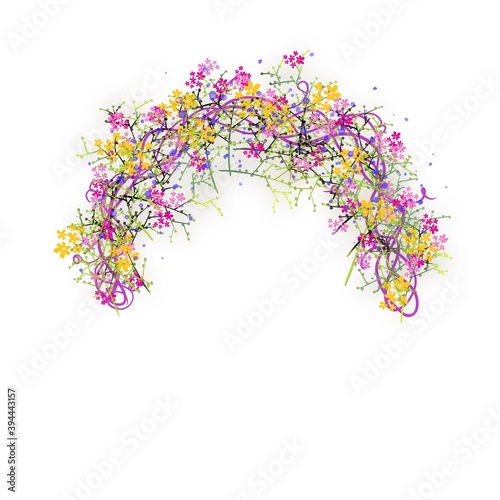 Hand drawn and painted in watercolor floral wreath arbor heart of Spring Leaves flowers ribbons and natural twigs and branches, grapevine decorative wreaths design