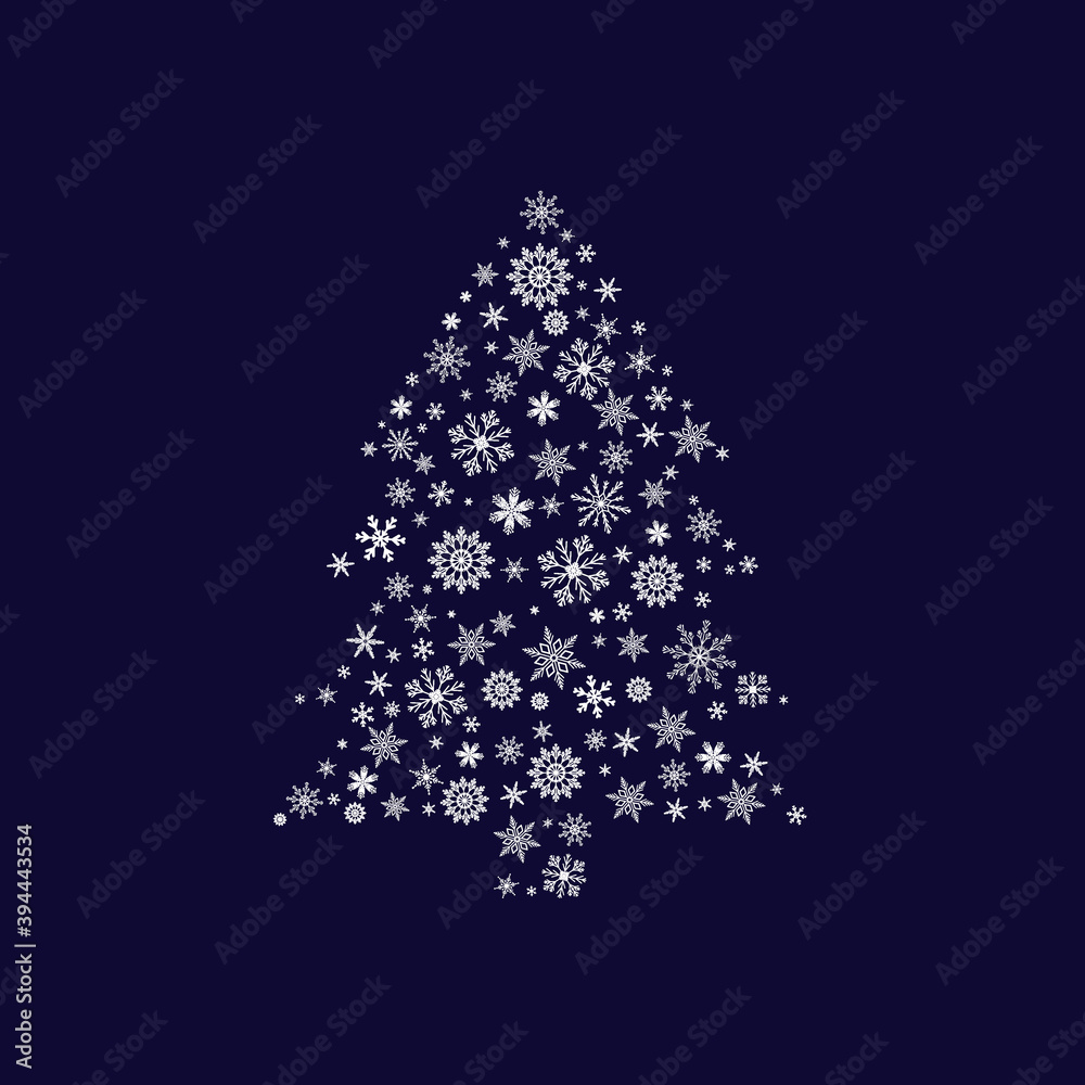 Christmas tree made of silver snowflakes on black background. Vector illustration.