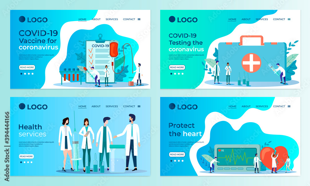 Set of landing page templates. COVID19, coronavirus, epidemic, cavid testing, vaccination.Templates for use in mobile app development.Flat vector illustration.