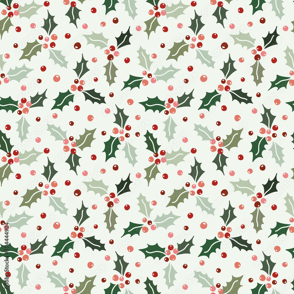 Seamless pattern background with holly berries. Celebrating Christmas pattern. Vector illustration.Flower green and red traditional plants in hand drawing style.