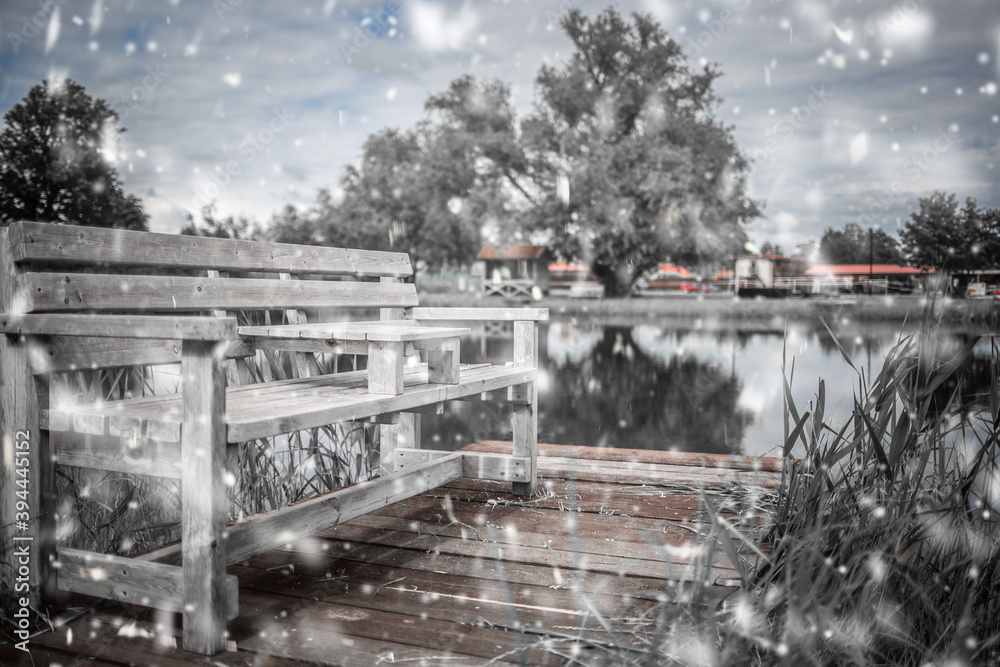 Fabulous cottage in the woods on the lake in winter. Christmas concept.