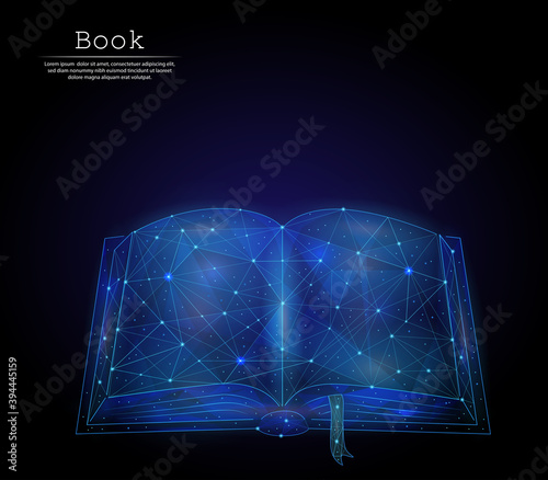 Abstract image open book in the form of a starry sky or space, consisting of points, lines, and shapes in the form of planets, stars and the universe. 3D Low poly vector. Education, detective, stories