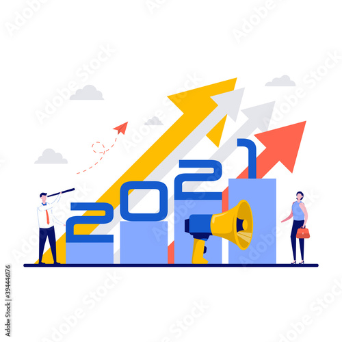 Business team leader vision ahead strategy for 2021 new year. Concept of achievement, success and developing business in successful way. Businessman looking forward with the telescope