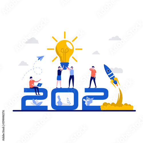 Trends in creativity, creative thinking concept with big 2021 number. Tiny people generating ideas for innovative startup project. Modern flat illustration for landing page, web banner, hero images