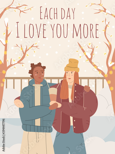 Lesbian couple together in winter park. Romantic love illustration to valentine's day and 14 february. Homosexual african american girls in casual clothing. Poster, card, postcard, template.