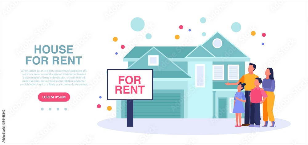 Vector of a young family looking for a new house to rent