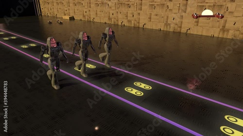 Three robots walking accompanied by a drone
