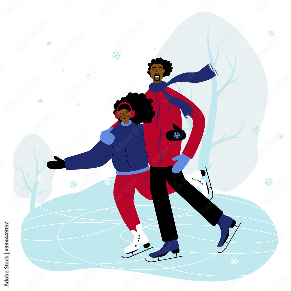 Beautiful Afro american Couple is Skating on the Ice. Men Hugs his Love.