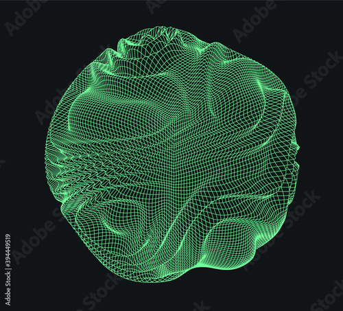 Glitched and distorted sphere, organic morphing 3d blob set. Concept of data visualization, graph of mathematical function, generative computer art.