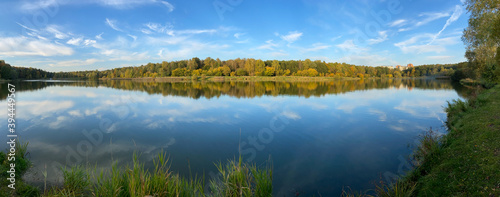 Panorama of Lebedyansky Ponds in Izmailovsky Urban Forest Park. Moscow, Russia.