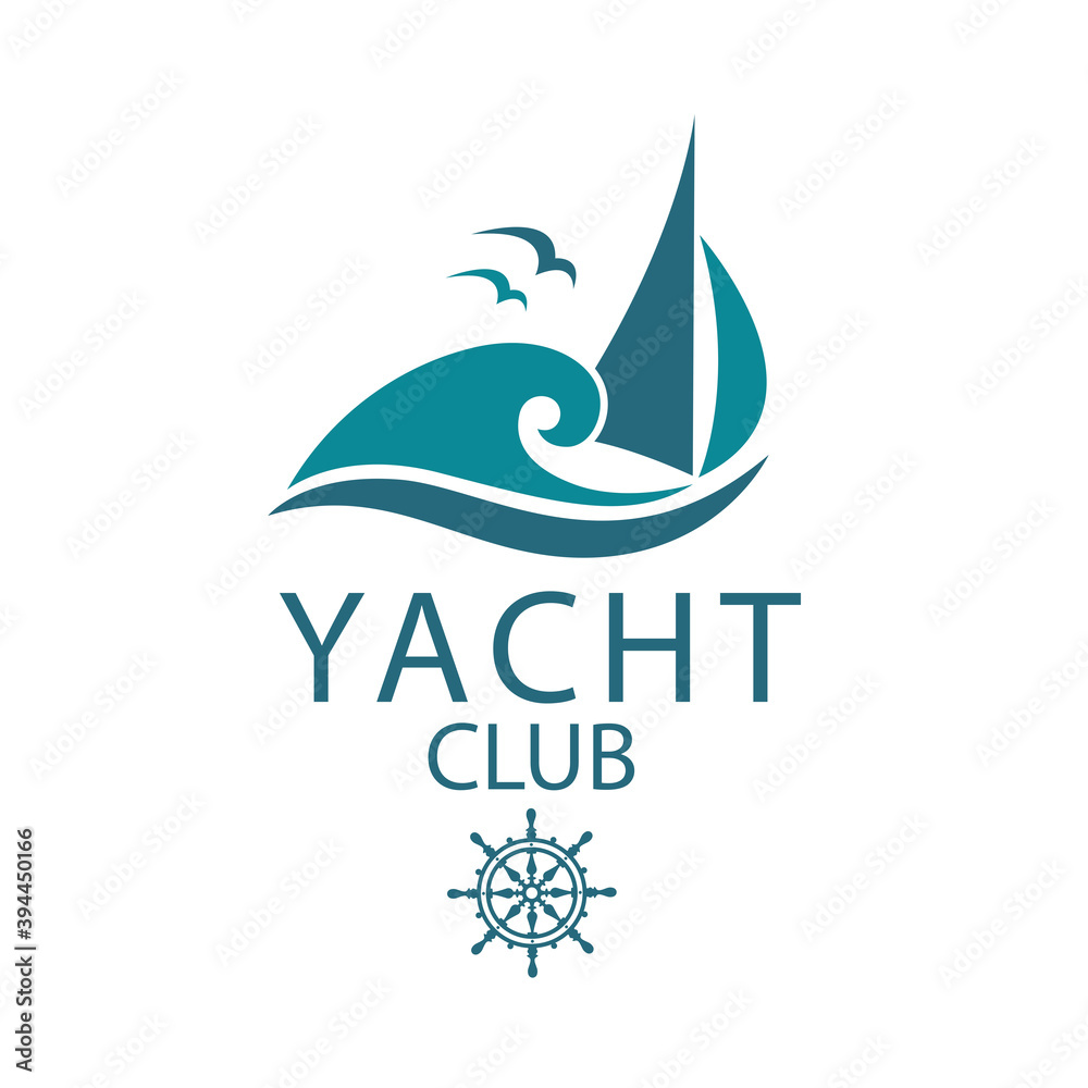 yacht icons with sea waves and seagulls isolated on white background