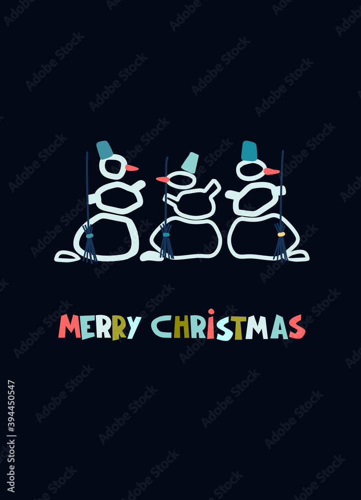 Christmas greeting card design template. Hand drawn funny snowmen with broomsticks, Merry Christmas multicolored hand lettering on dark blue background Christmas greeting card design template. Hand drawn funny snowmen with broomsticks, Merry Christmas multicolored hand lettering on dark blue background