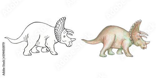 Fototapeta Naklejka Na Ścianę i Meble -  Dinosaur triceratops coloring doodle, outline.  hand-drawn illustration. Print, textiles. Coloring book for children. Sketch, vintage style. Wild prehistoric nature.