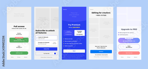 Price table concept. Pricing or subscription plan ui mobile application elements. Mobile app marketing or promotion interface template. Product comparison table.