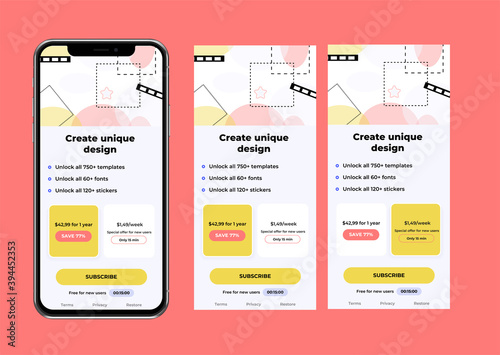 Price table concept. Pricing or subscription plan ui mobile application elements. Mobile app marketing or promotion interface template. Product comparison table.