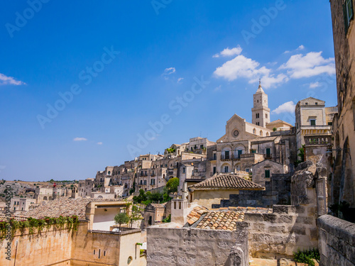 Scenic view of Sasso Barisano district and its characteristic cave dwellings in the ancient town of Matera, Basilicata region, southern Italy 