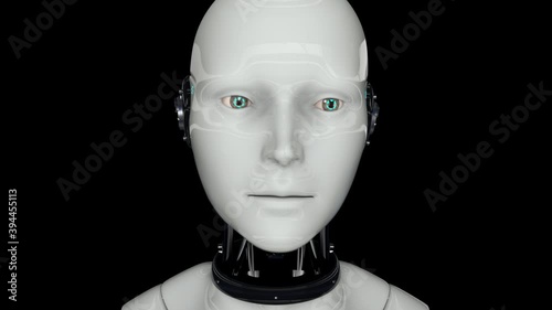 Artificial intelligence. Futuristic humanoid robot is activated, moves its head, eyes and scans the environment.The camera moves away. On a black background. 4K. 3D animation. photo