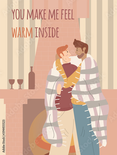 Lgbt gay couple in cozy house hug and drink vine. Cute romantic illustration of homosexual family with plaid to valentine's day and 14 february. Poster, card, banner, postcard, template. Flat vector.