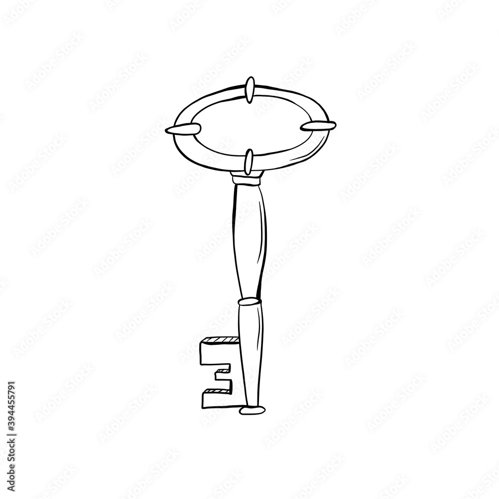 The key - black simple doodle illustration template. Hand drawn art isolated on white background. Perfect for design, icon, coloring book, print, label, sticker