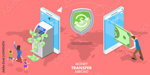 3D Isometric Flat Vector Conceptual Illustration of Transfer Money Abroad, Sending Money Around the World, Online Banking, Financial Transaction.