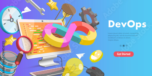 3D Vector Conceptual Illustration of DevOps, Software Development and IT Operations.