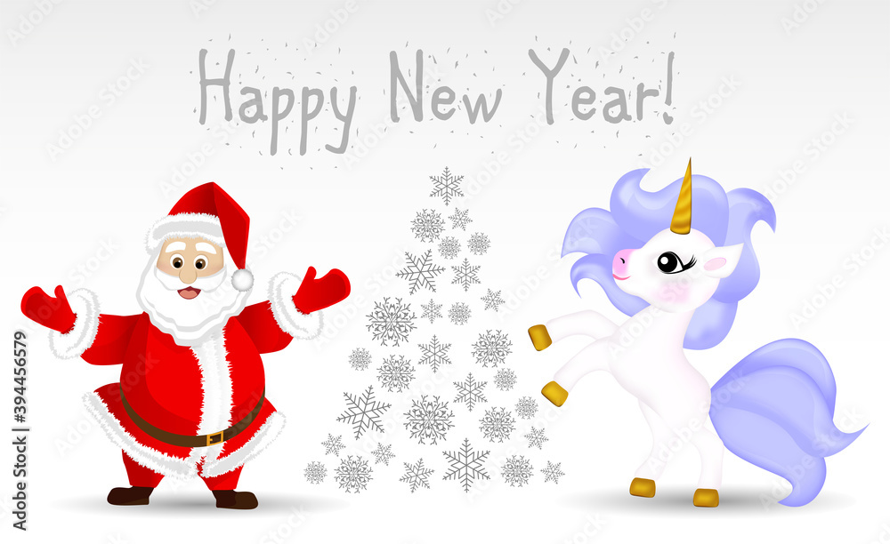 New year card with unicorn and santa claus New year card with unicorn and santa claus
